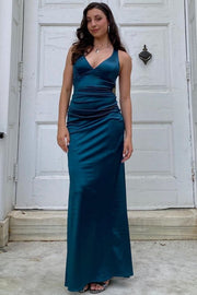 Classic V-Neck Pleats Sleeveless Satin Long Formal Prom Dress with Slit