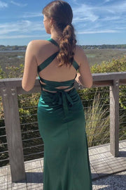 Classic V-Neck Pleats Sleeveless Satin Long Formal Prom Dress with Slit