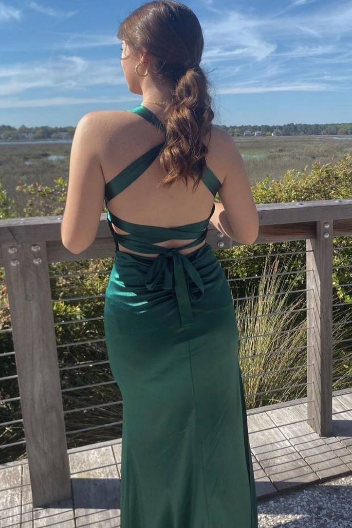 Classic V-Neck Pleats Sleeveless Satin Long Formal Prom Dress with Slit