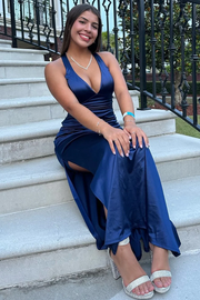 Classic V-Neck Pleats Sleeveless Satin Long Formal Prom Dress with Slit