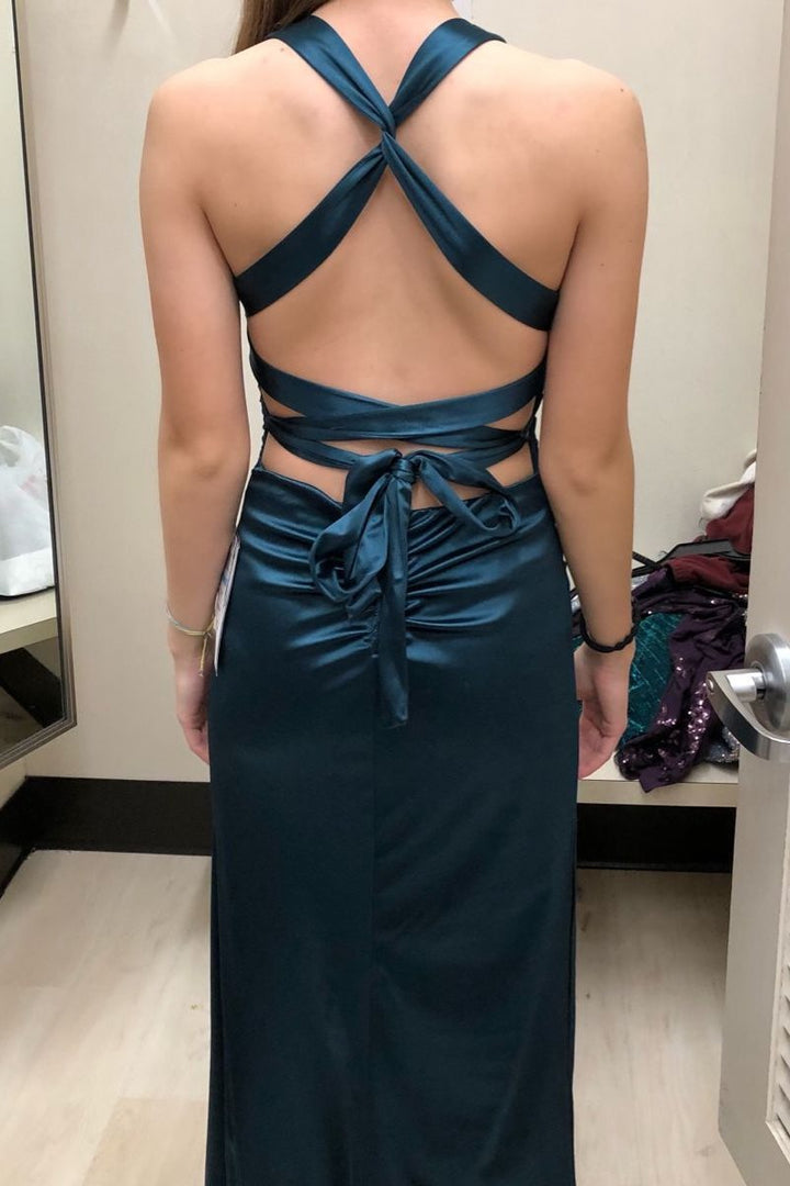 Classic V-Neck Pleats Sleeveless Satin Long Formal Prom Dress with Slit