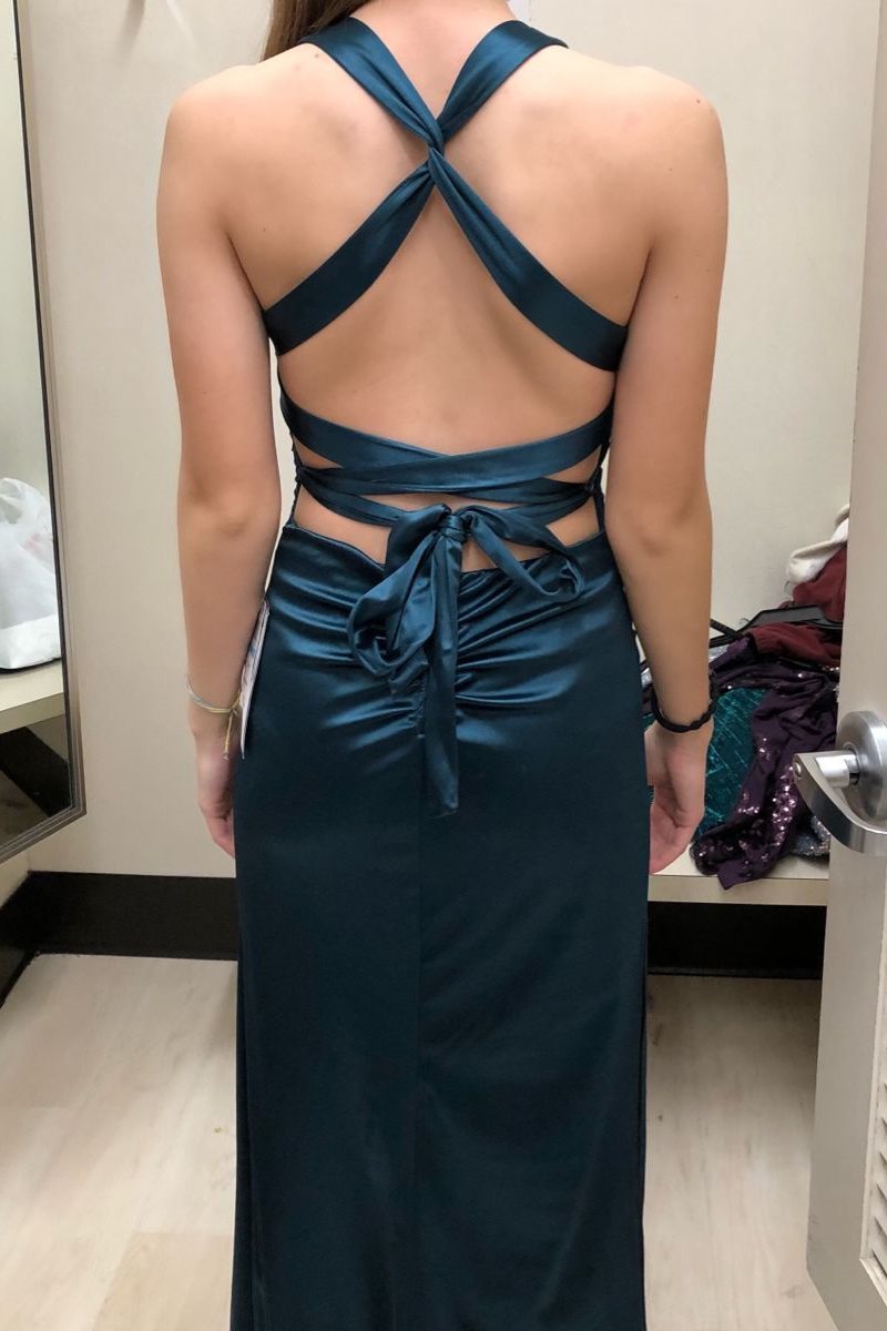 Classic V-Neck Pleats Sleeveless Satin Long Formal Prom Dress with Slit