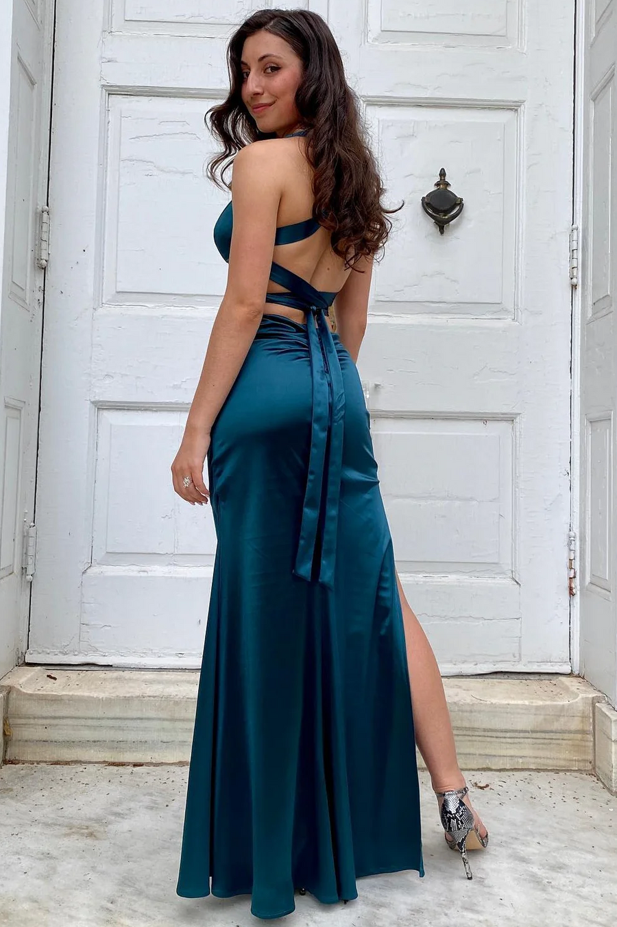 Classic V-Neck Pleats Sleeveless Satin Long Formal Prom Dress with Slit