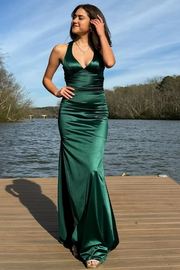 Classic V-Neck Pleats Sleeveless Satin Long Formal Prom Dress with Slit