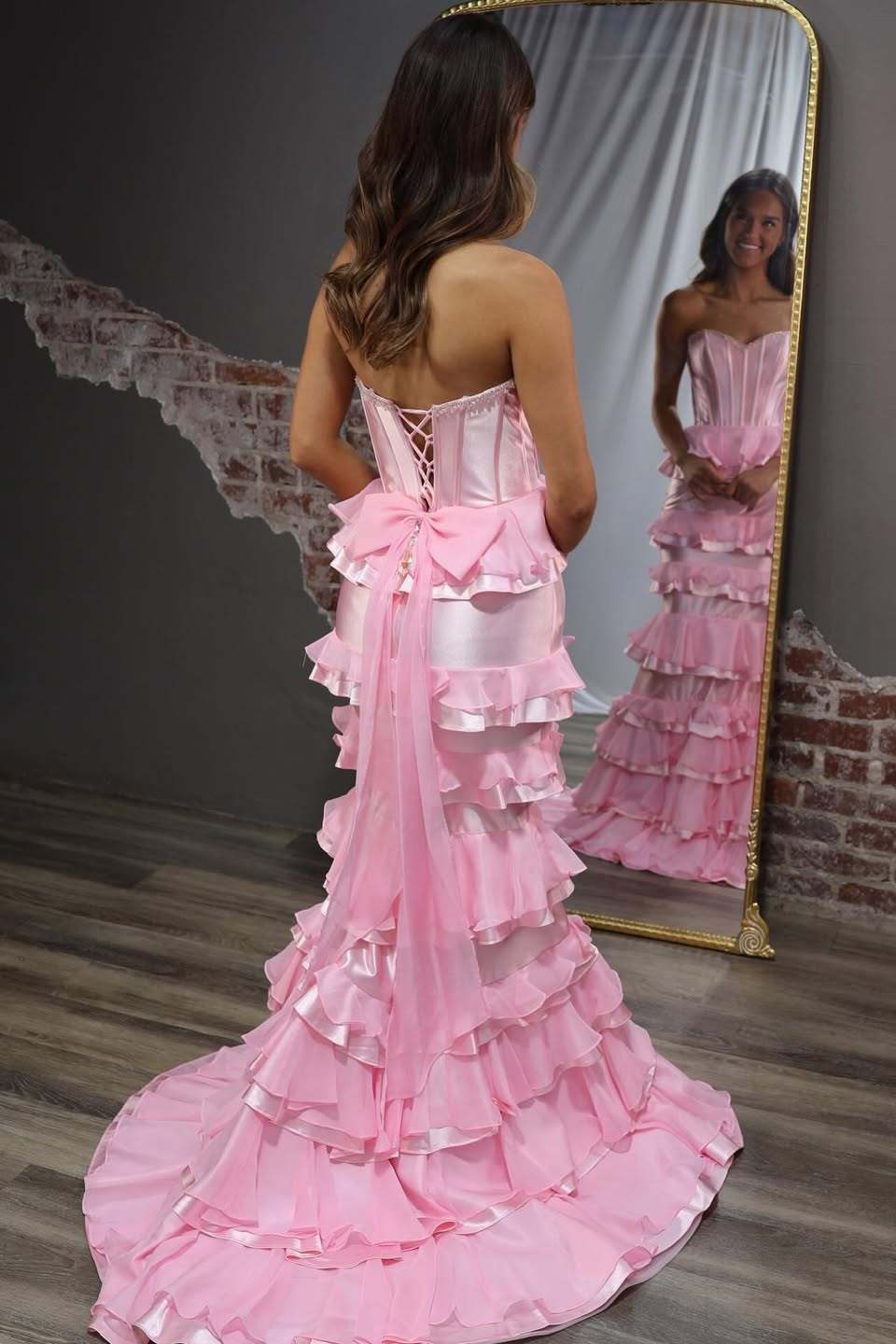 Unique Pink Strapless Ruffles Sweetheart Mermaid Prom Dress with Bow