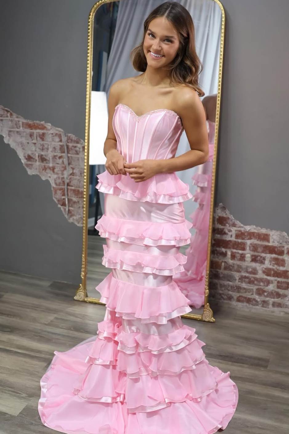 Unique Pink Strapless Ruffles Sweetheart Mermaid Prom Dress with Bow