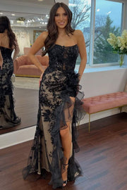 Black Strapless Lace Appliques Sleeveless High Slit Ruffles Prom Dress