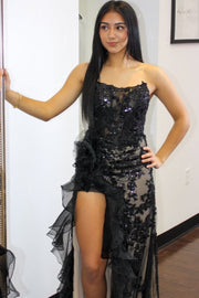 Black Strapless Lace Appliques Sleeveless High Slit Ruffles Prom Dress