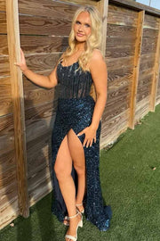 Stunning Beaded Strapless High Slit Scoop Neck Long Prom Dress