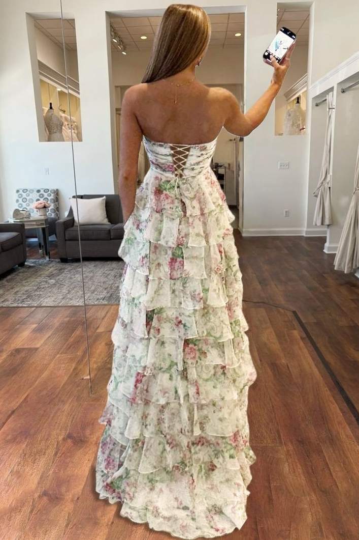 A-Line Strapless Empire-Waist Print Ruffles Long Prom Dress with Slit