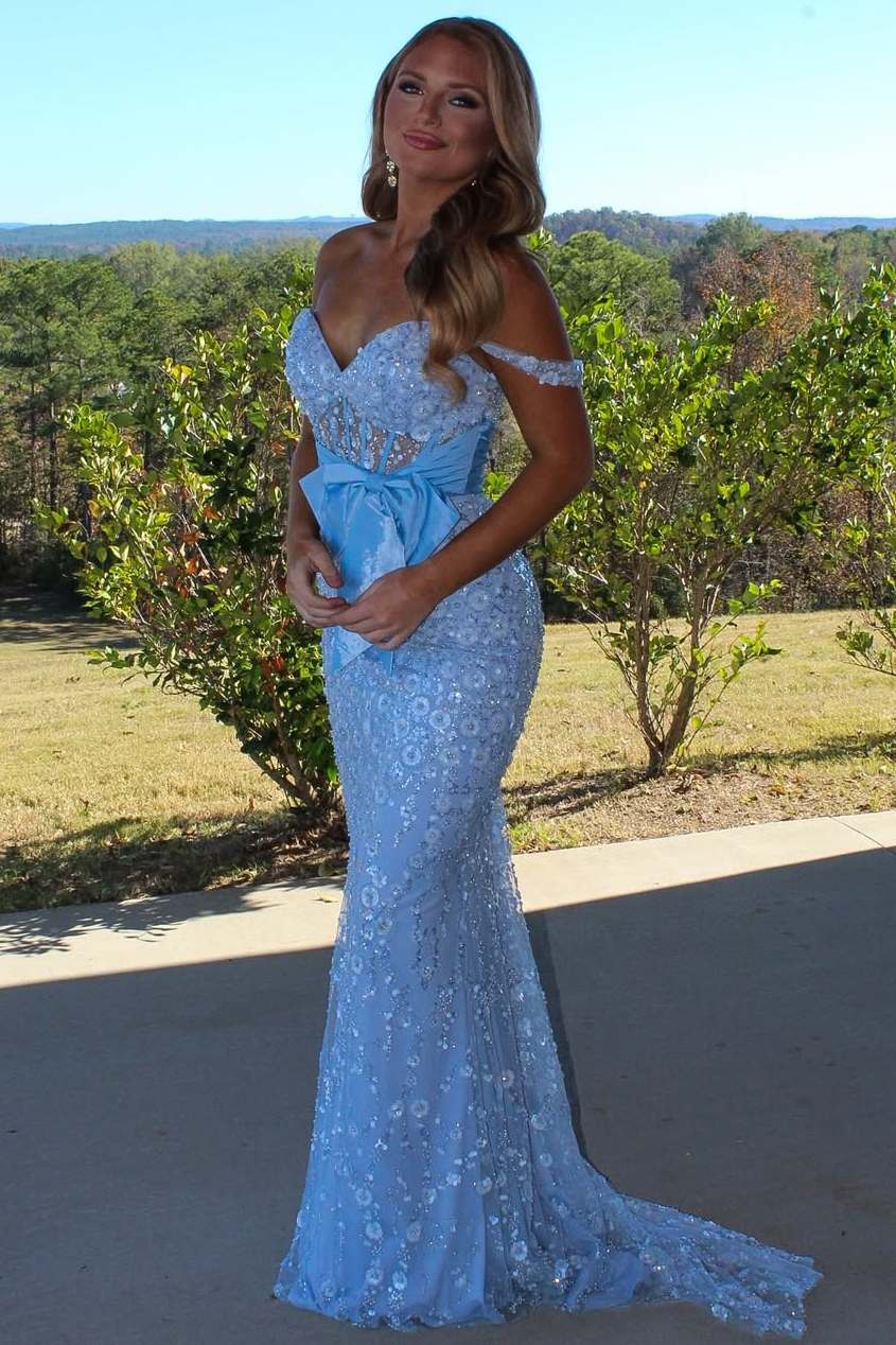 Blue Off-Shoulder Appliques Sweetheart Mermaid Long Prom Dress with Bow