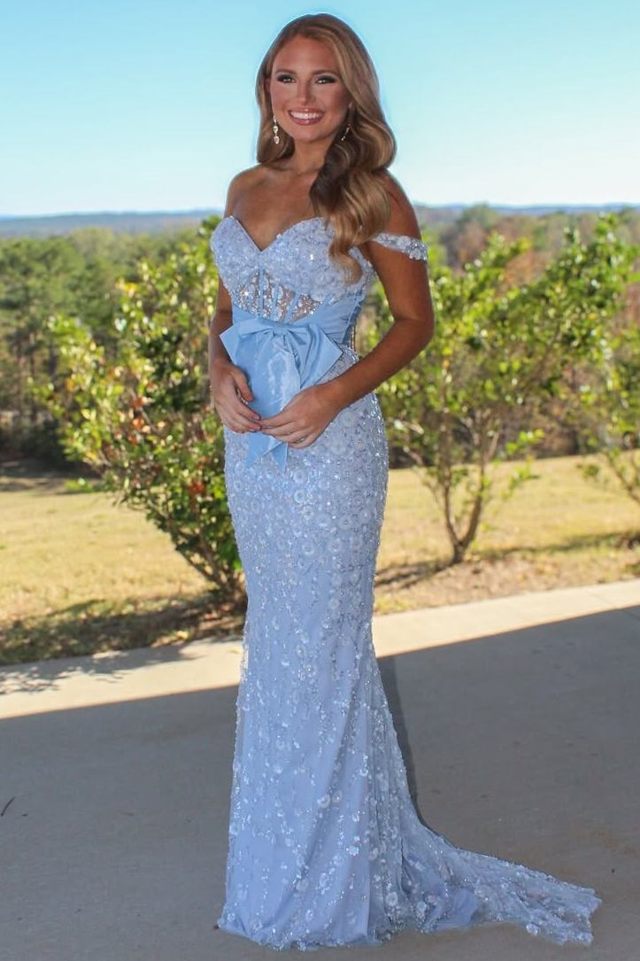 Blue Off-Shoulder Appliques Sweetheart Mermaid Long Prom Dress with Bow