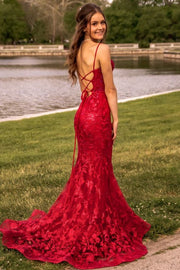 Spaghetti Straps Lace Appliques Scoop Neck Mermaid Long Prom Dress