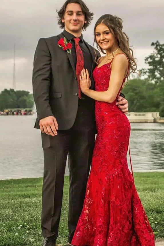 Spaghetti Straps Lace Appliques Scoop Neck Mermaid Long Prom Dress