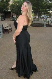 Black Strapless V-Neck Pleated High Slit Satin Long Prom Formal Dress