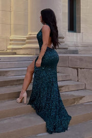 V-Neck Full Sequins Straps Mermaid Long Prom Evening Dress with Slit
