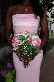 Cute Pink Strapless Pleats Sleeveless Glitter Mermaid Long Prom Dress