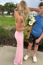 Cute Pink Strapless Pleats Sleeveless Glitter Mermaid Long Prom Dress