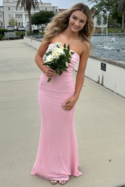 Cute Pink Strapless Pleats Sleeveless Glitter Mermaid Long Prom Dress