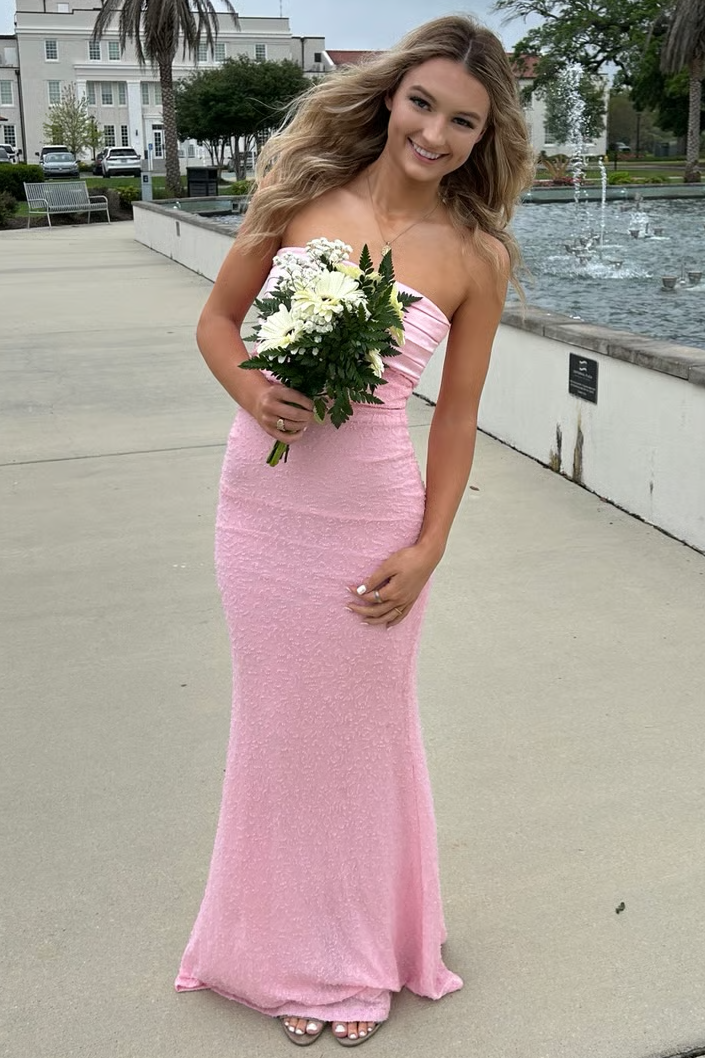 Cute Pink Strapless Pleats Sleeveless Glitter Mermaid Long Prom Dress