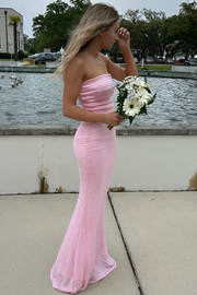 Cute Pink Strapless Pleats Sleeveless Glitter Mermaid Long Prom Dress