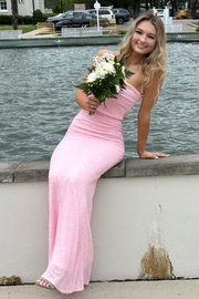 Cute Pink Strapless Pleats Sleeveless Glitter Mermaid Long Prom Dress
