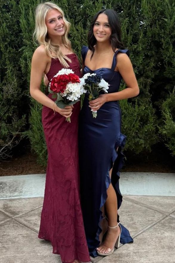 Sweetheart Double Straps Ruffles Side Slit Long Satin Prom Dress