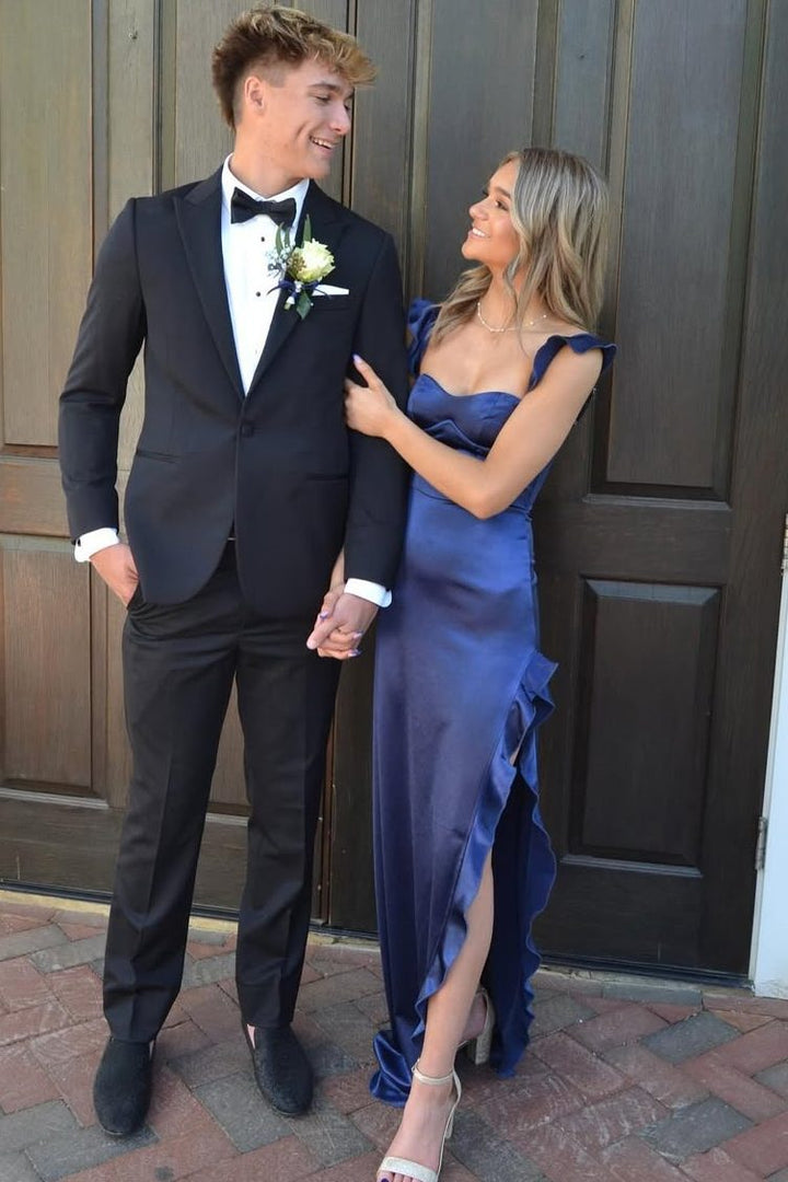 Sweetheart Double Straps Ruffles Side Slit Long Satin Prom Dress