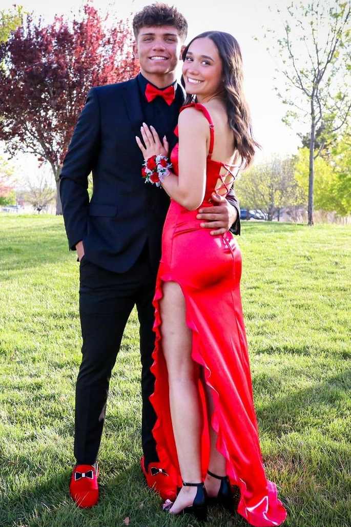 Sweetheart Double Straps Ruffles Side Slit Long Satin Prom Dress