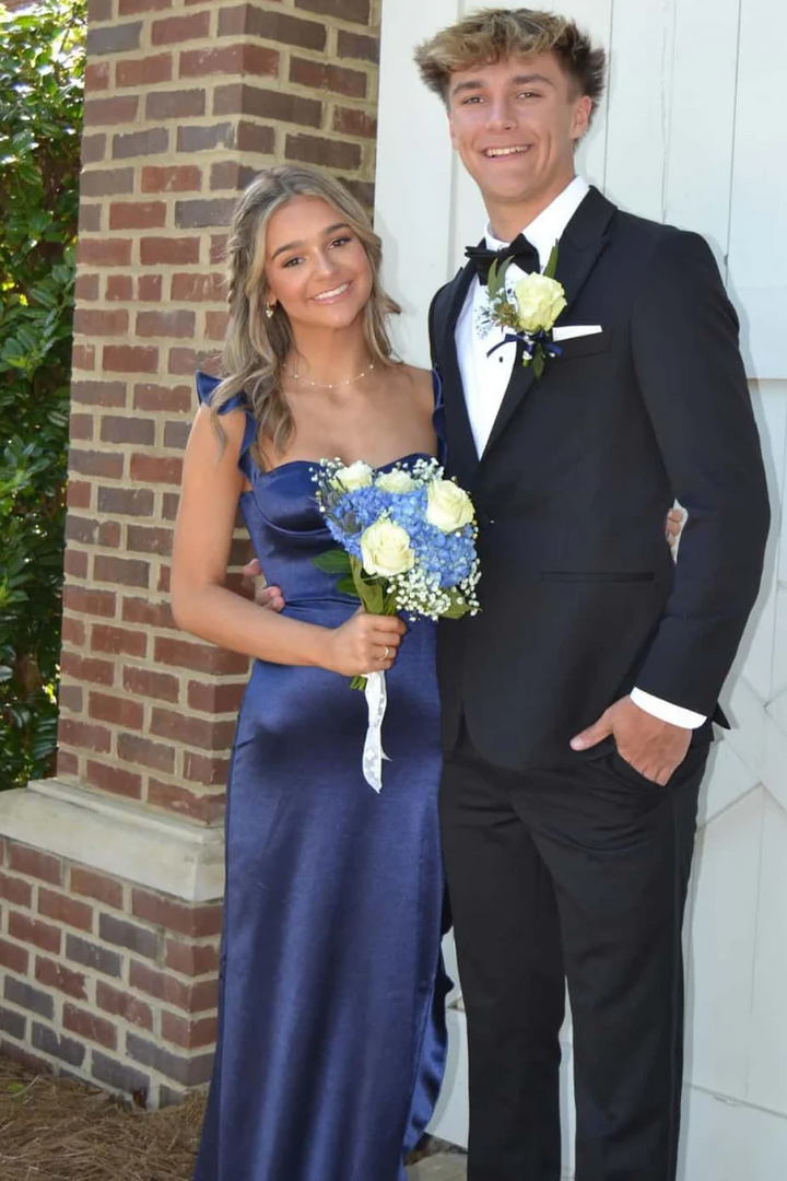 Sweetheart Double Straps Ruffles Side Slit Long Satin Prom Dress