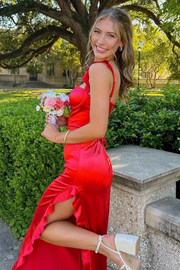 Sweetheart Double Straps Ruffles Side Slit Long Satin Prom Dress