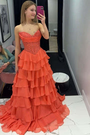 A-Line Empire-Waist Strapless Ruffles V-Neck Appliques Chiffon Prom Dress