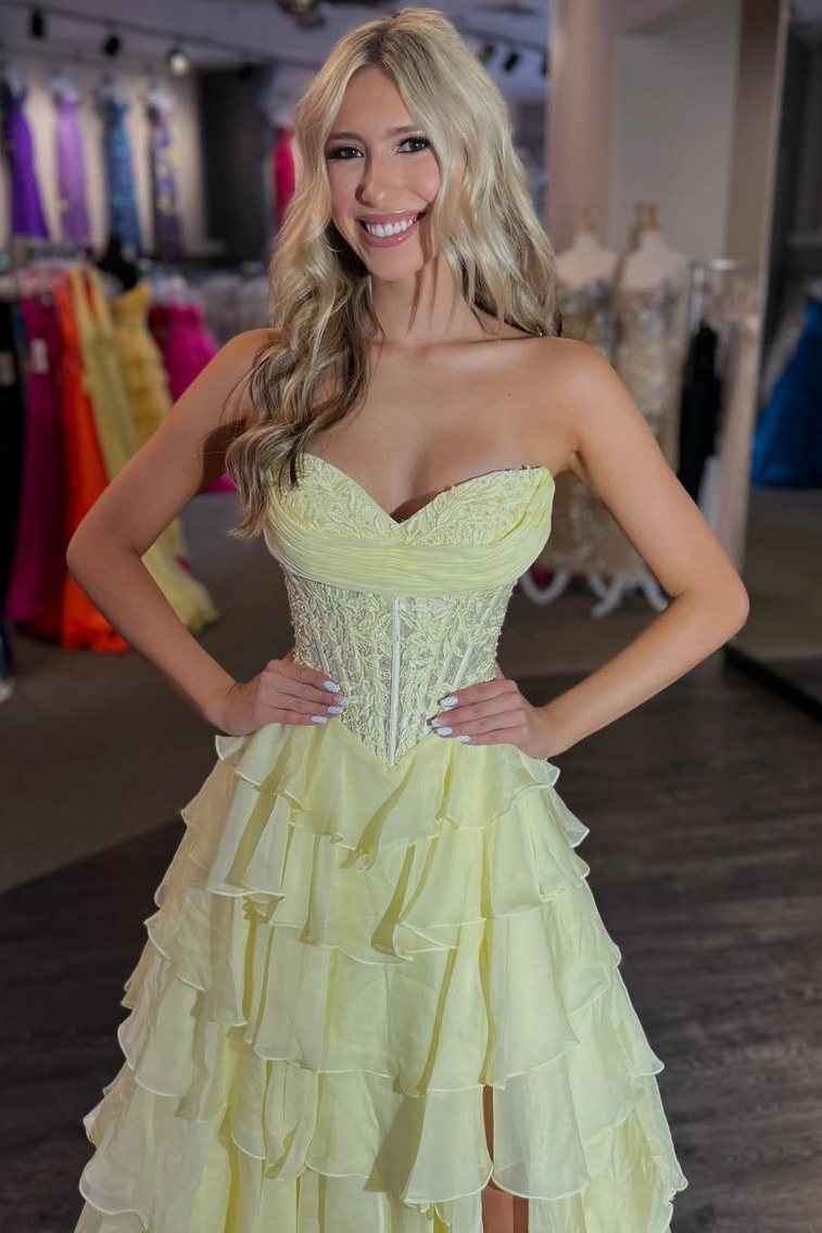 A-Line Empire-Waist Strapless Ruffles V-Neck Appliques Chiffon Prom Dress