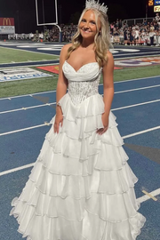 A-Line Empire-Waist Strapless Ruffles V-Neck Appliques Chiffon Prom Dress