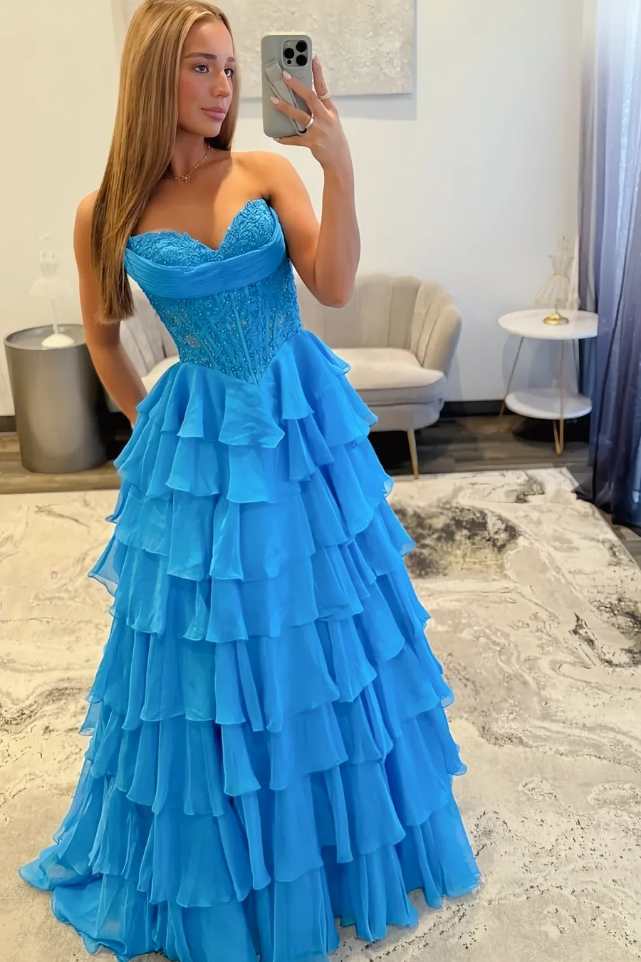 A-Line Empire-Waist Strapless Ruffles V-Neck Appliques Chiffon Prom Dress
