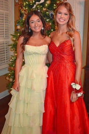 Strapless A-Line Scoop Neck Sleeveless Chiffon Ruffles Long Prom Dress with Slit