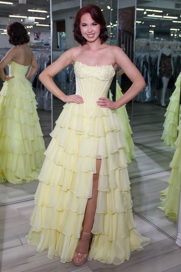 Strapless A-Line Scoop Neck Sleeveless Chiffon Ruffles Long Prom Dress with Slit