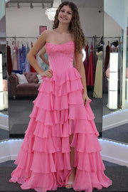 Strapless A-Line Scoop Neck Sleeveless Chiffon Ruffles Long Prom Dress with Slit