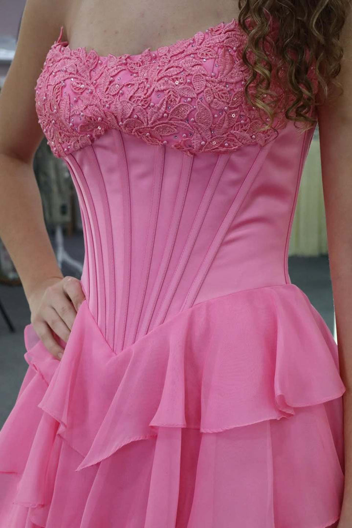 Strapless A-Line Scoop Neck Sleeveless Chiffon Ruffles Long Prom Dress with Slit