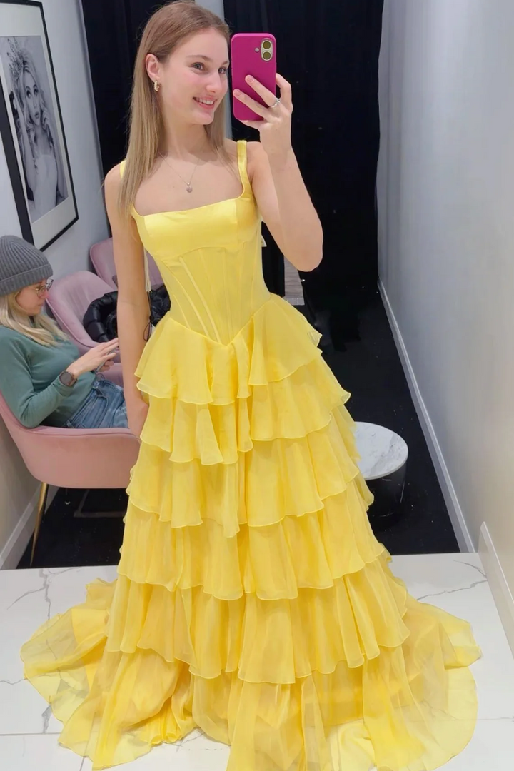 A-Line Straps Ruffles Chiffon Empire-Waist Sleeveless Long Prom Dress with Slit