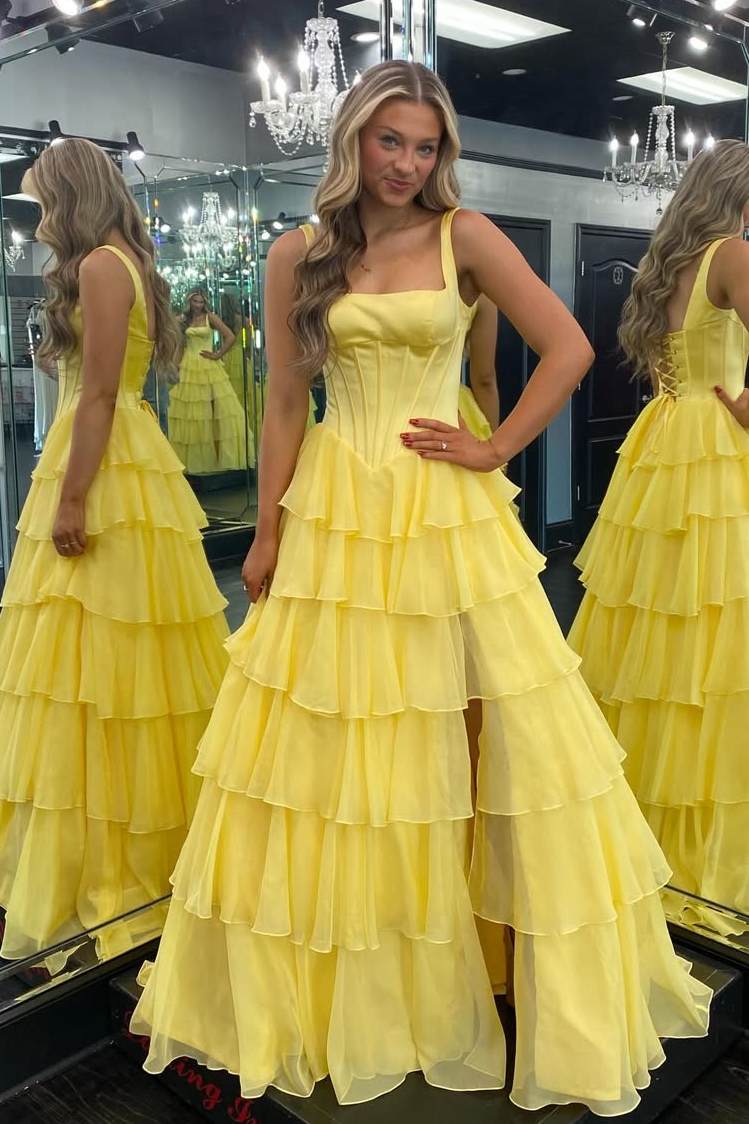 A-Line Straps Ruffles Chiffon Empire-Waist Sleeveless Long Prom Dress with Slit