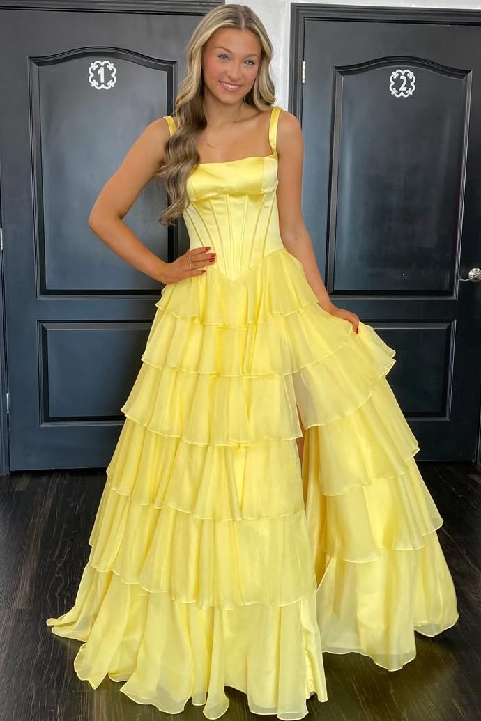 A-Line Straps Ruffles Chiffon Empire-Waist Sleeveless Long Prom Dress with Slit