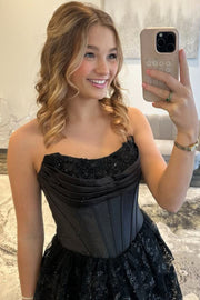 Strapless Empire-Waist Scoop Neck A-Line Sequins Appliques Prom Dress with Slit