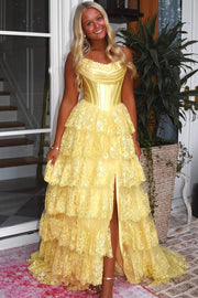 Strapless Empire-Waist Scoop Neck A-Line Sequins Appliques Prom Dress with Slit