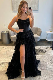 Strapless Empire-Waist Scoop Neck A-Line Sequins Appliques Prom Dress with Slit