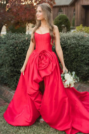 Red Strapless A-Line Ruched Floral Empire-Waist Satin Prom Dress with Slit