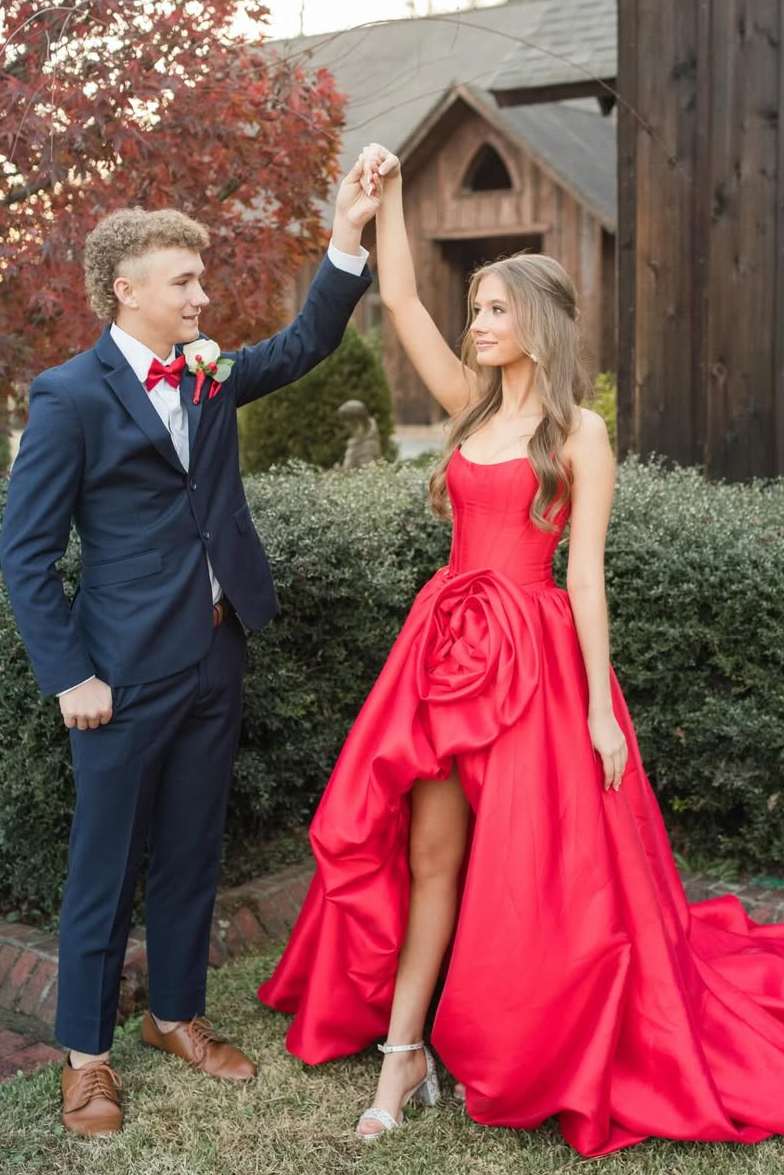 Red Strapless A-Line Ruched Floral Empire-Waist Satin Prom Dress with Slit