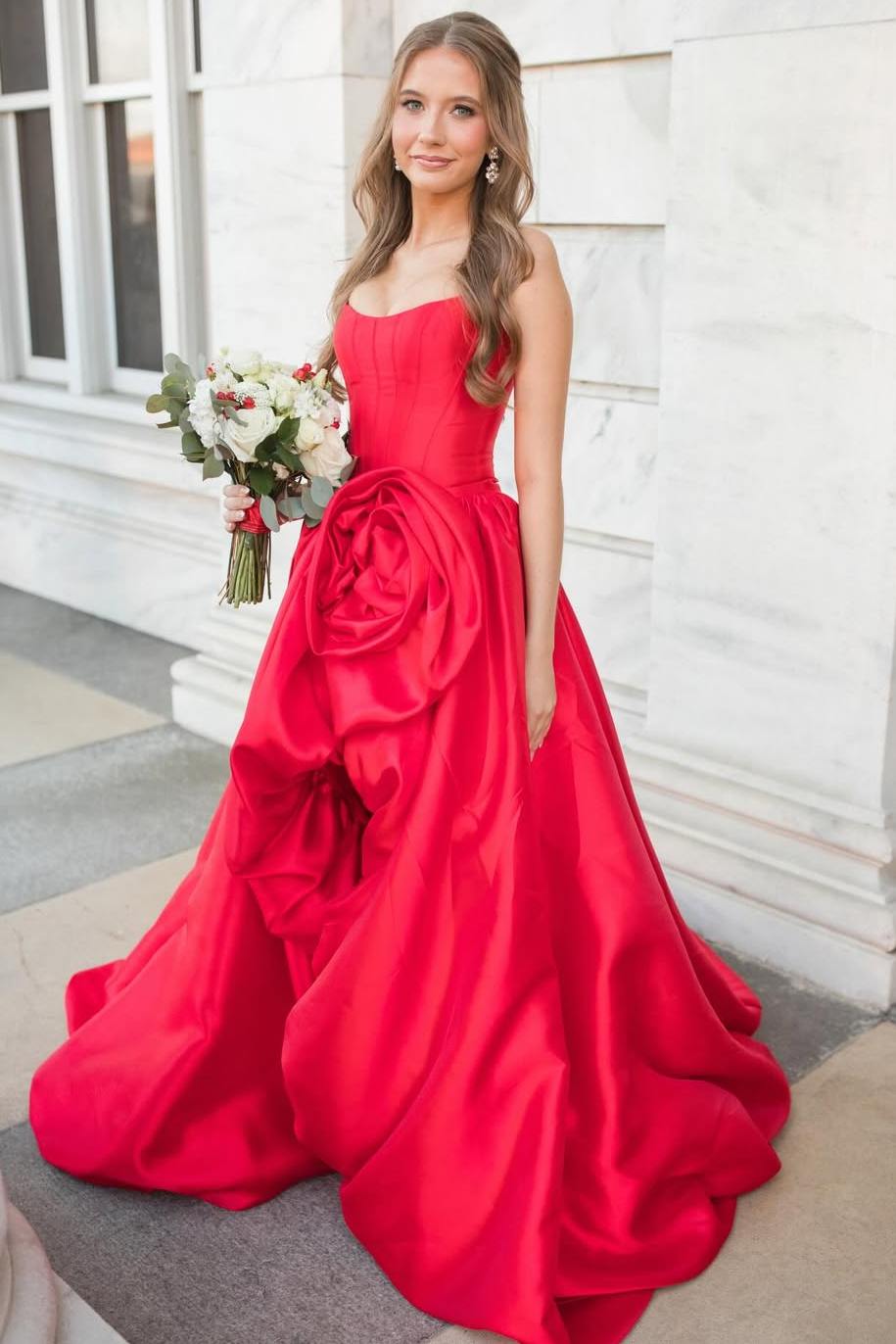 Red Strapless A-Line Ruched Floral Empire-Waist Satin Prom Dress with Slit