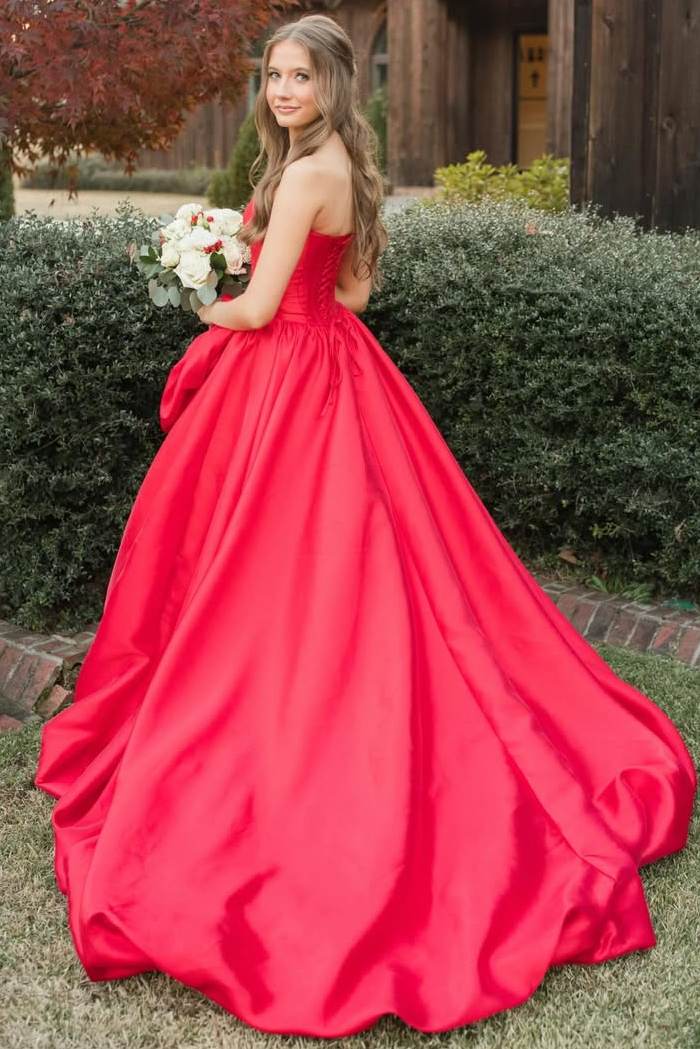 Red Strapless A-Line Ruched Floral Empire-Waist Satin Prom Dress with Slit