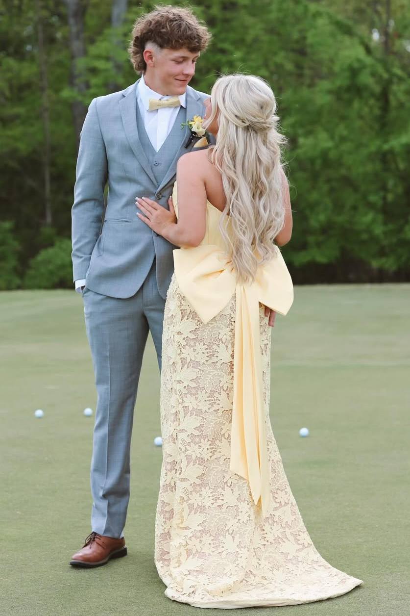 Exquisite Strapless Lace Appliques Pleats Bow Mermaid Prom Dress with Slit